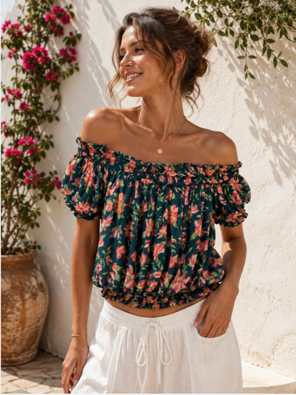 Free People Suki Floral Off Shoulder Smocked Crop Blouse Green Pink Medium Boho